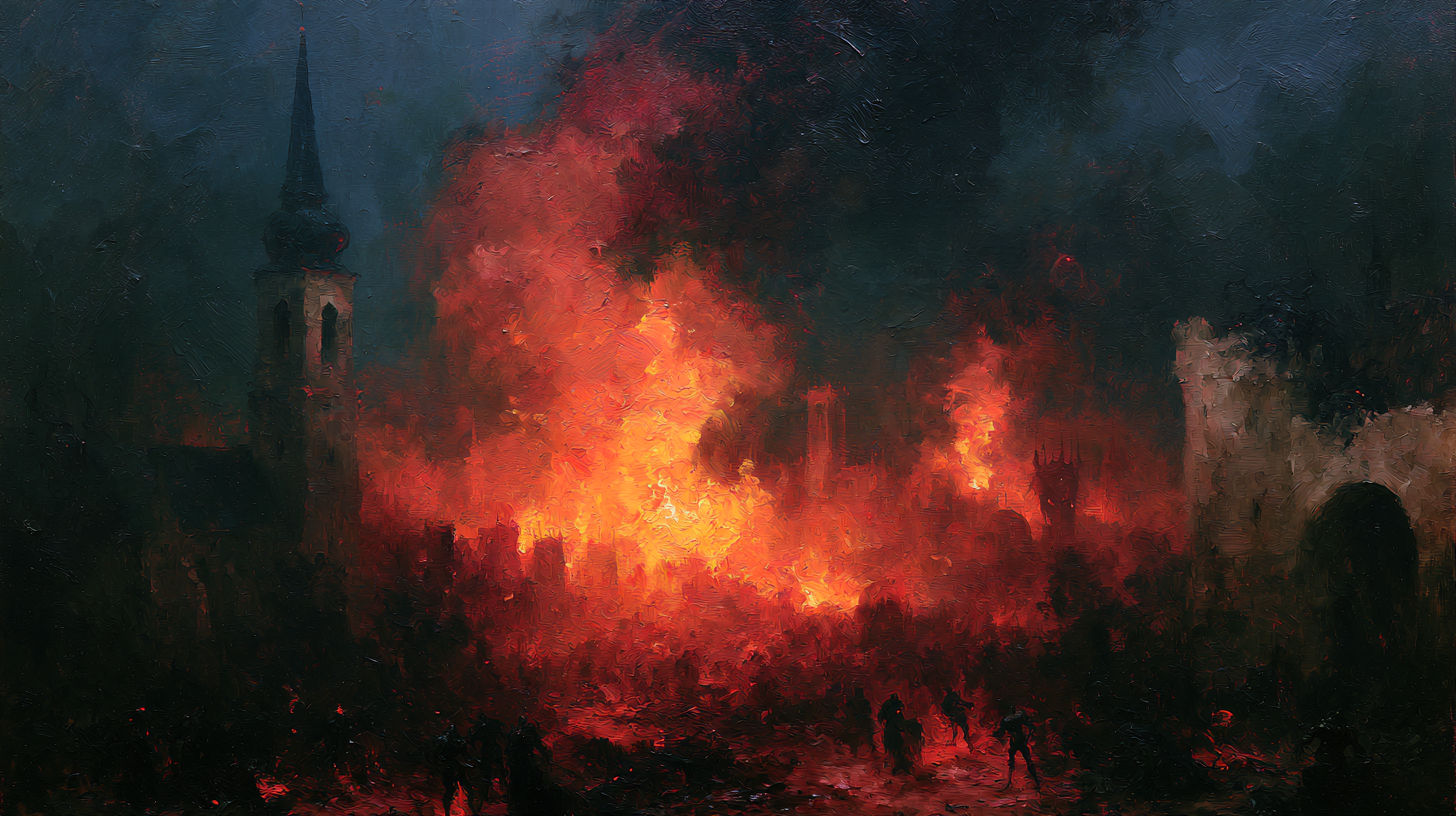 A city burning beneath a black sky